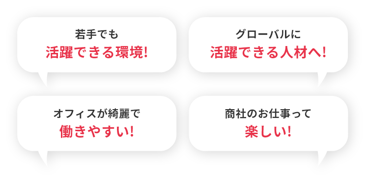 若手でも活躍できる環境！、グローバルに活躍できる人材へ！、オフィスが綺麗で働きやすい！、商社のお仕事って楽しい！